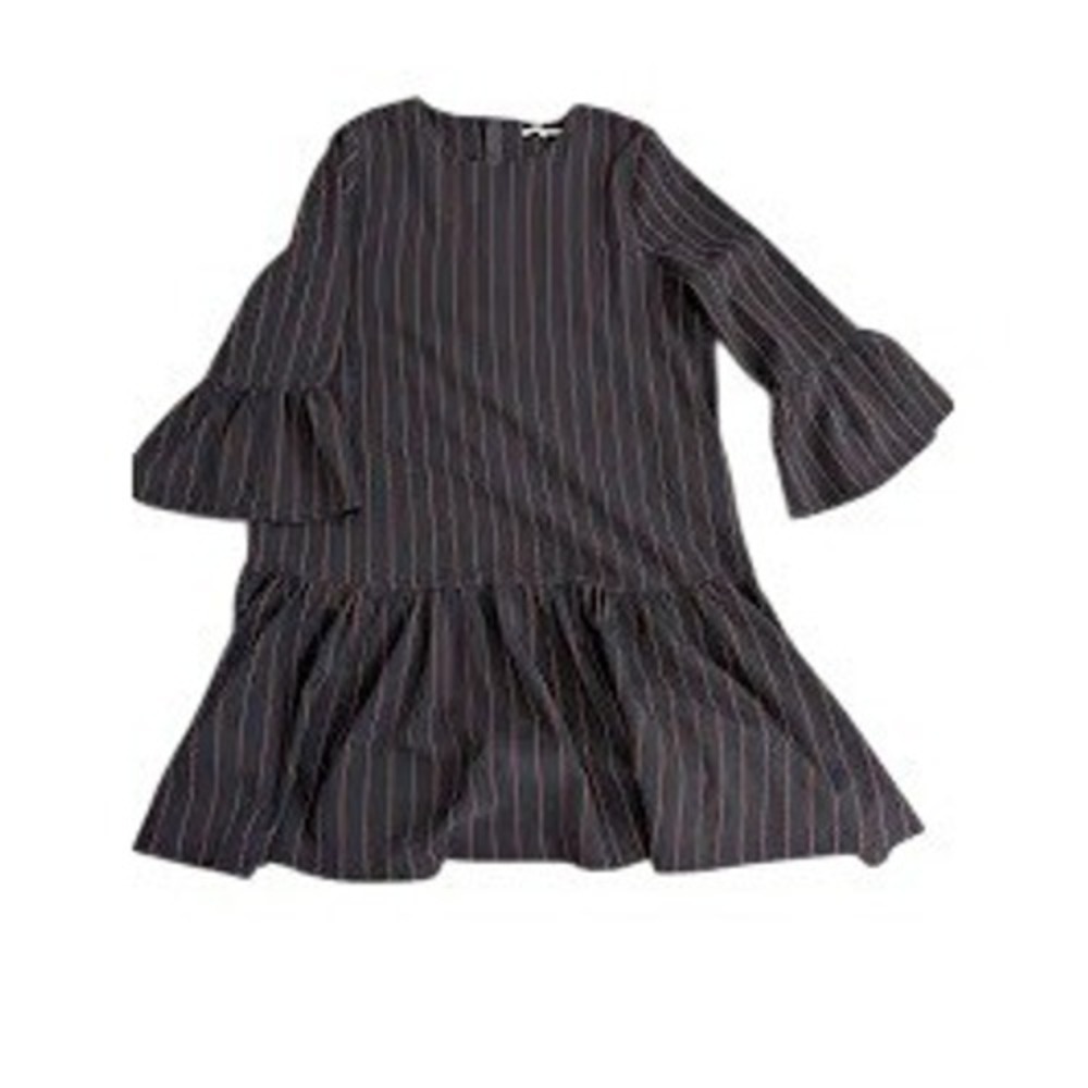 GANNI Striped Bell Sleeve Drop Waist Dress Size 38 Navy